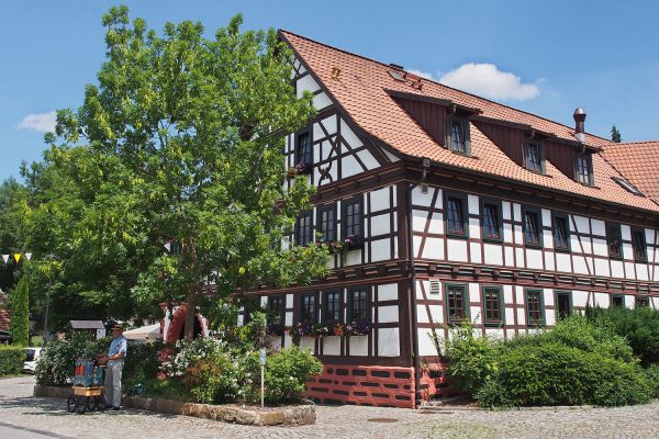 Drehorgelspieler am Gasthof "Goldener Hirsch" . Dorffest 700 Jahre Suhl-Neundorf . 09.06.2018 (Foto: Andreas Kuhrt)