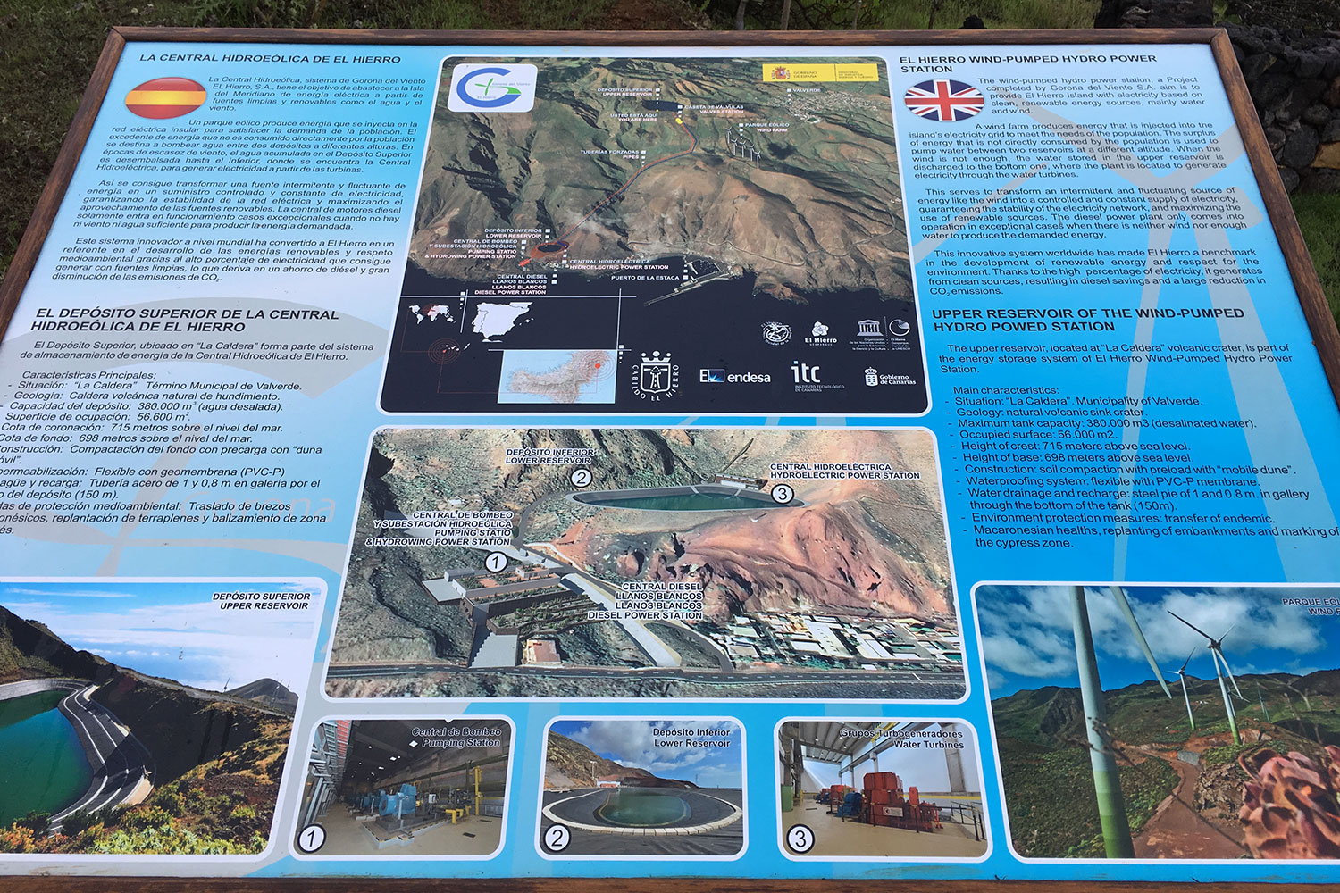 Infotafel Gorona del Viento: Wind-Wasser-Kraftwerk . El Hierro . Kanarische Inseln 2018 (Foto: Manuela Hahnebach)