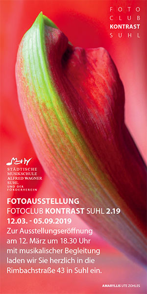 Flyer (Rückseite) für Fotoclubausstellung Kontrast 2.19 in der Musikschule Suhl 2019 (Foto: Ute Zohles, Gestaltung: Andreas Kuhrt)