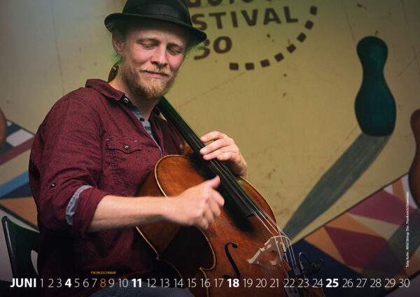 Fotokalender 2023: Rudolstadt Festival: 06: Toby Kuhn, Wild Strings Trio, Frankreich/Slowenien (Foto/Gestaltung: Andreas Kuhrt)