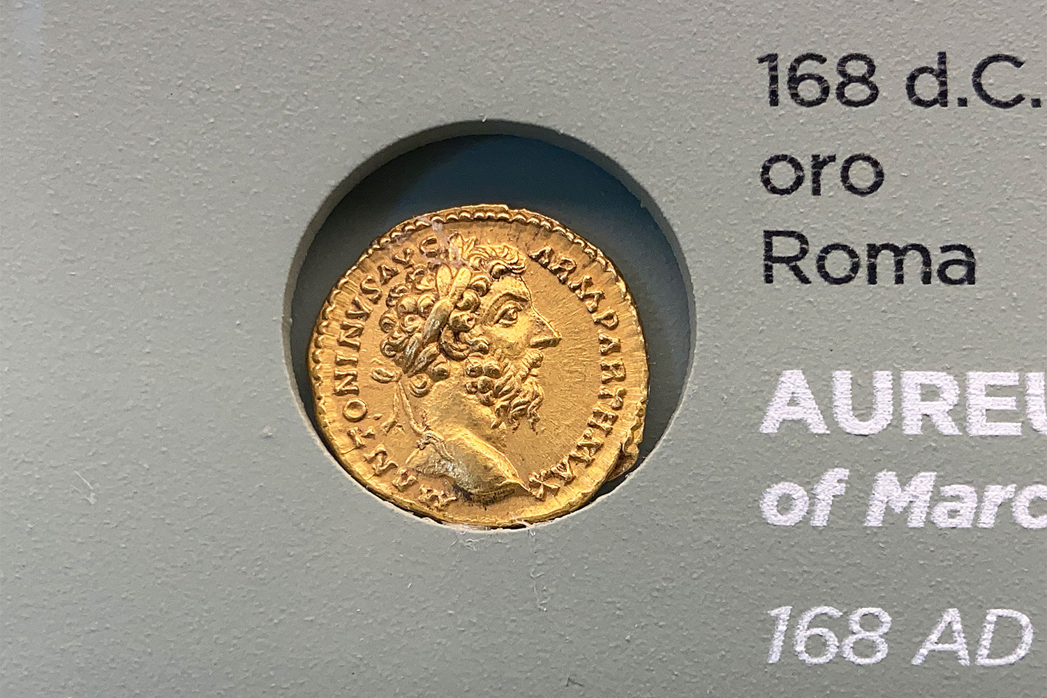 2023-friaul-aquileia-museum-muenze-aureus-marc-antonius-gold-168-IMG_6438ak Tour Friaul 2023: Archäologisches Nationalmuseum Aquileia: Goldmünze Aureus Marc Antonius, 167/168 (Foto: Andreas Kuhrt)