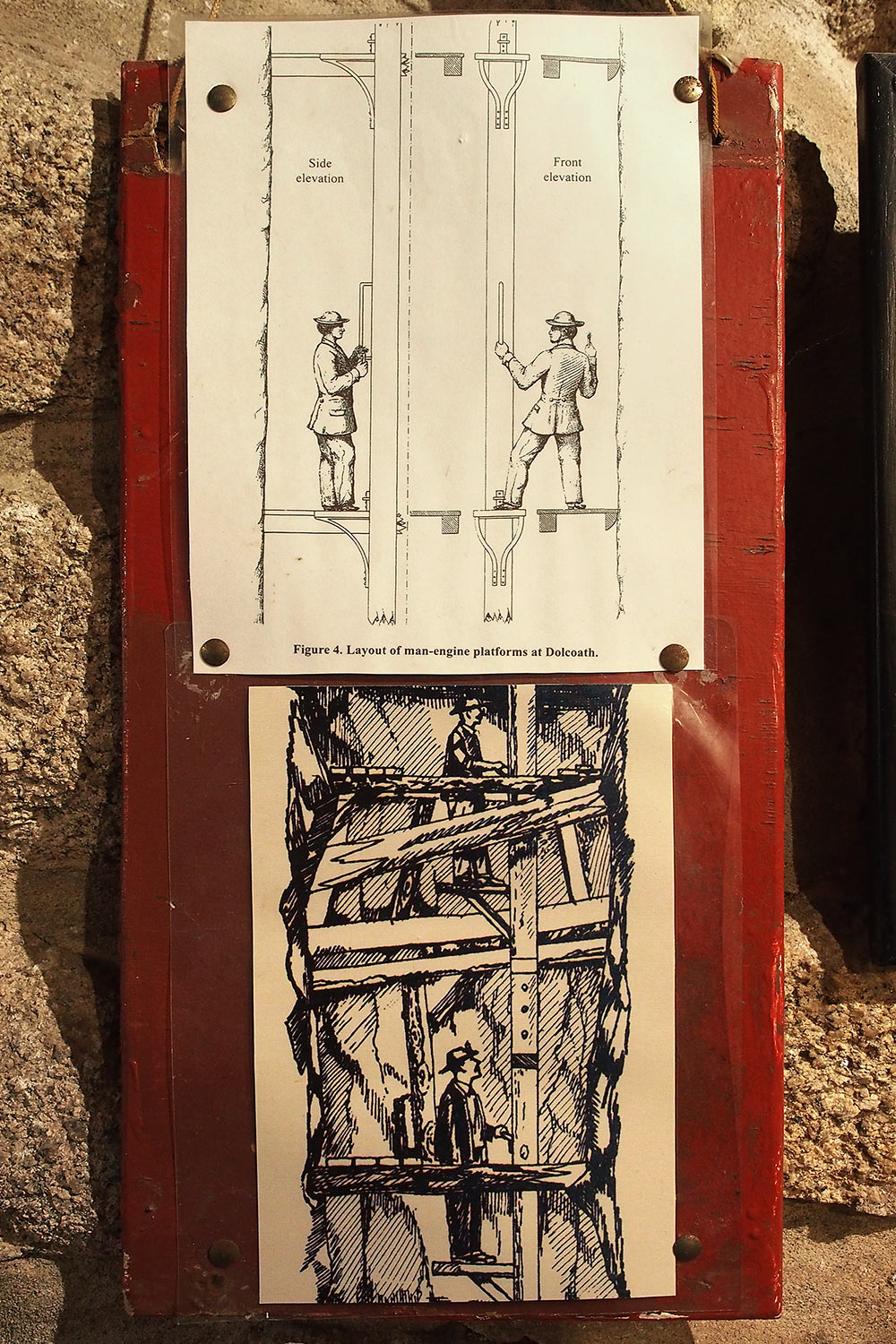 EM089561-2016-suedengland-cornwall-tin-coast-levant-mine-man-engine-repro Zeichnung einer Man Engine . Levant Mine . Tin Coast . Cornwall . Südengland (Repro: Levant Mine Nuseum)