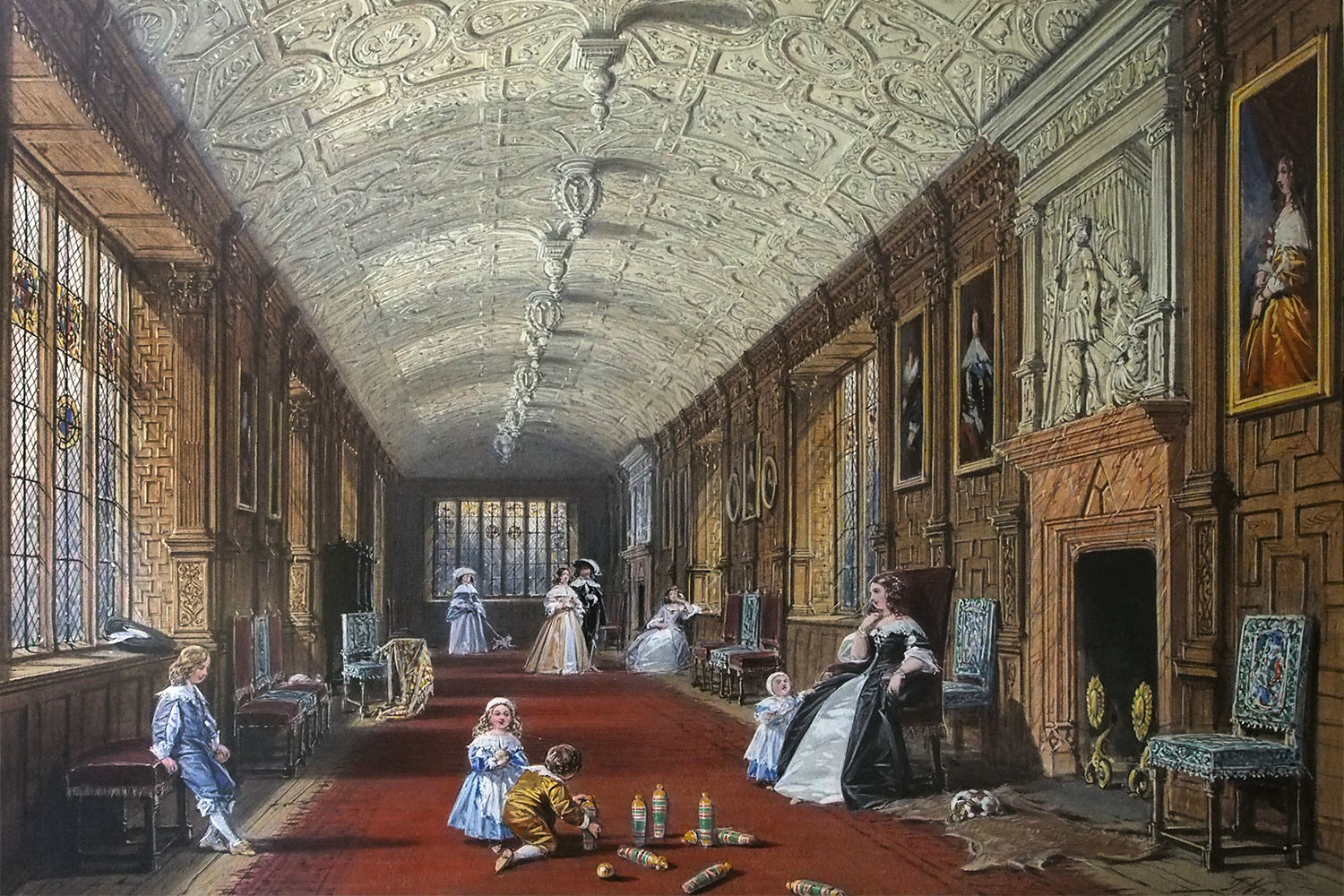 Darstellung der Großen Galerie um 1885 . Lanhydrock House . Cornwall . Südengland (Gafik: Lanhydrock Archive, Foto: Andreas Kuhrt 2016)