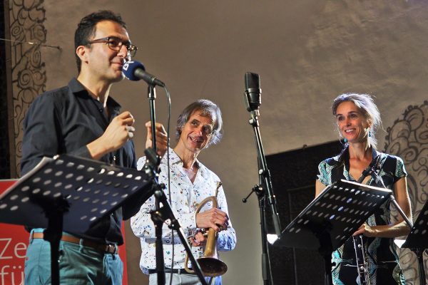 Eternal Voyage: Rabih Lahud, Markus Stockhausen & Tara Bouman . Rudolstadt-Festival 2018 (Foto: Andreas Kuhrt)