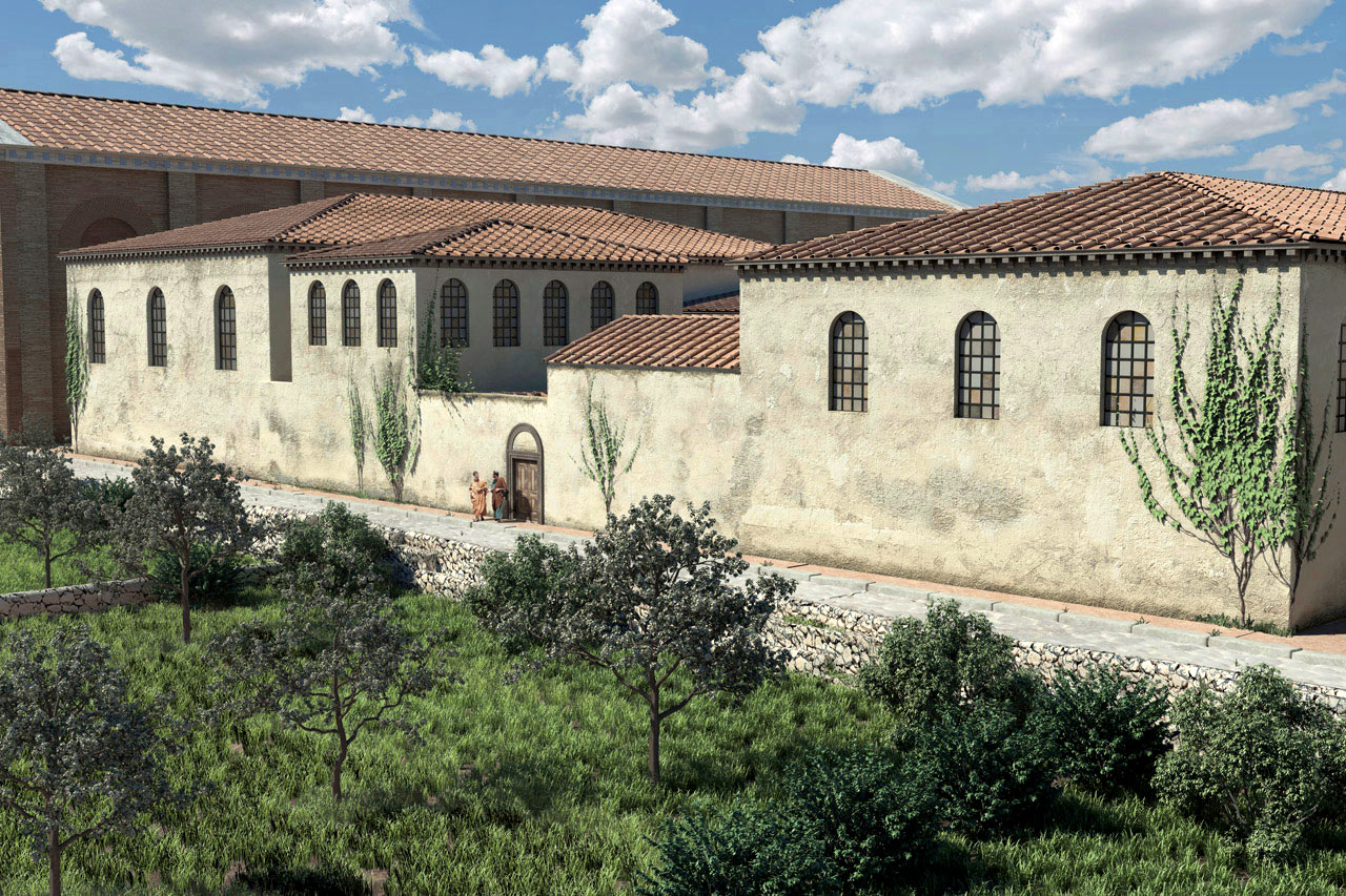 aquileia-basilica-constantiniana-ansicht-ost-eingang-visualisierung-fondazioneaquileia.it Aquileia: Basilica Constantiana: Eingang Ostseite (3D-Animation: altair4multimedia.it, Quelle: fondazioneaquileia.it)